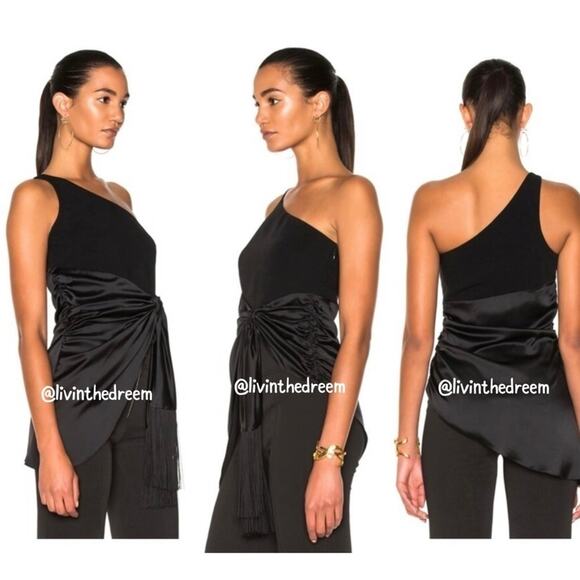 #T184 Cinq À Sept Theoline One-shoulder Crepe & Satin Top In Black SZ L $395 - Picture 1 of 13